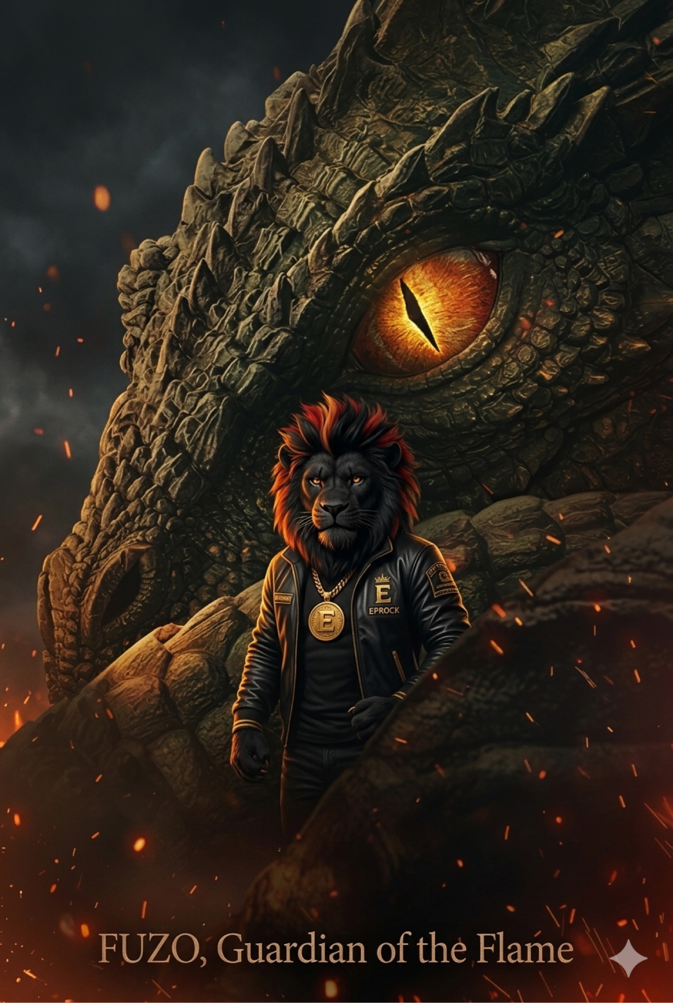 FUZO, Guardian of the Flame, standing before a dragon